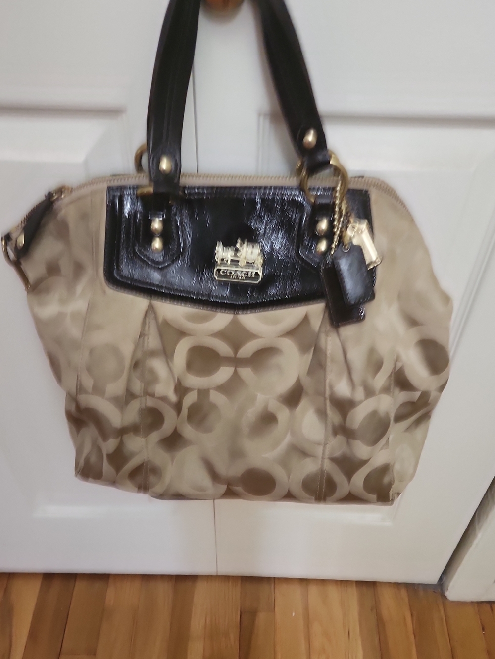 Coach Beige Signature Tote with Black Patent Trim